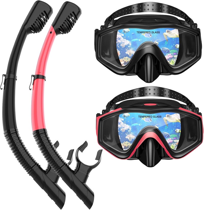 ACQCES Snorkeling Gear for Adults, Dry Top Snorkel Mask Set 2 Pack Scuba Diving Mask Snorkel Gear Anti Fog Snorkeling Packages Tempered Glass Panoramic View Nose Cover - Image 1